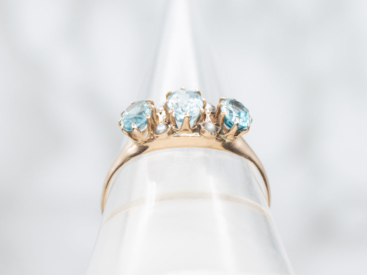 Blue Zircon and Seed Pearl Antique Rose Gold Ring