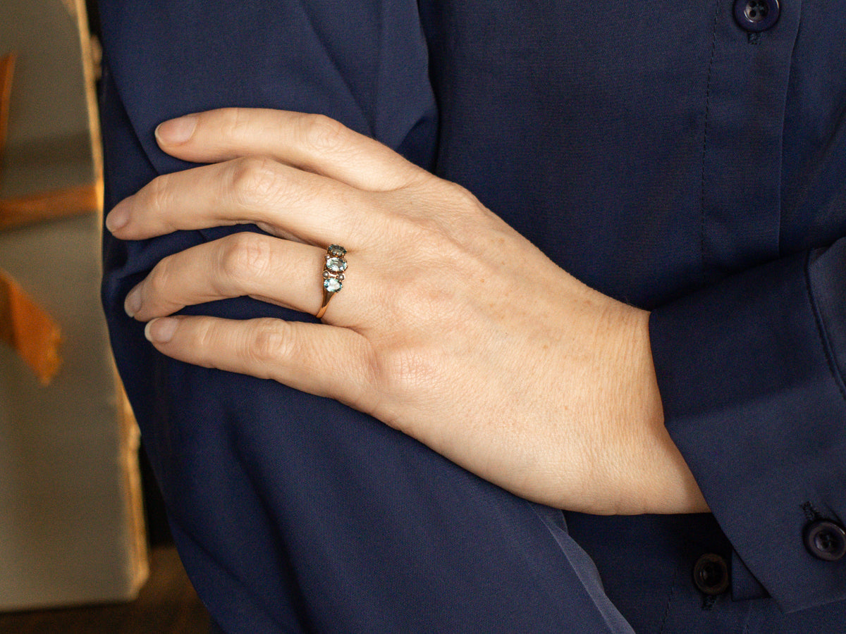 Blue Zircon and Seed Pearl Antique Rose Gold Ring