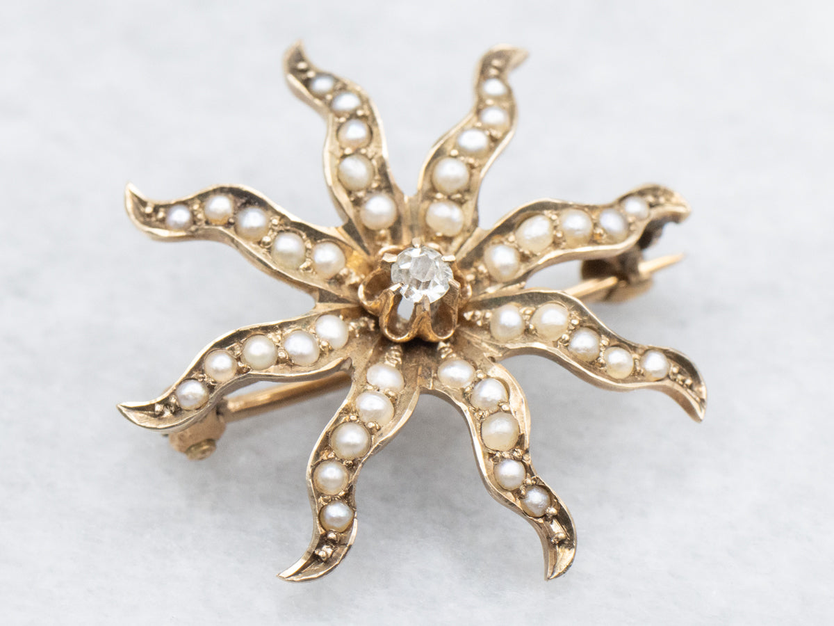 Victorian Old Mine Cut Diamond and Seed Pearl Starburst Brooch
