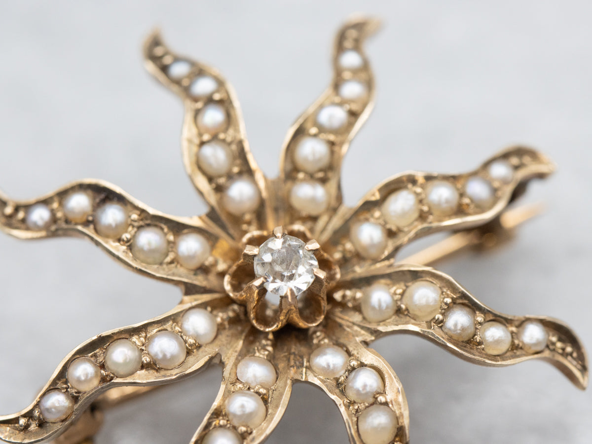 Victorian Old Mine Cut Diamond and Seed Pearl Starburst Brooch