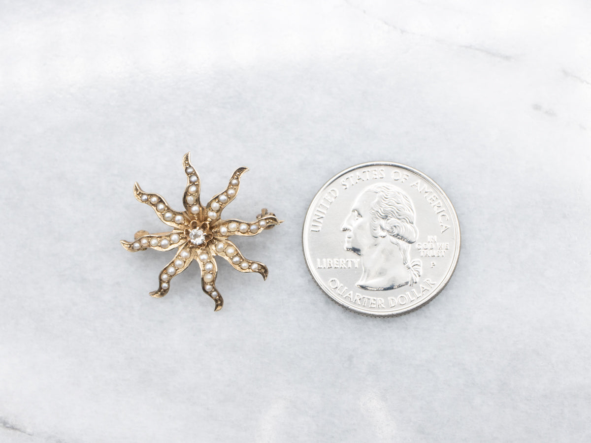 Victorian Old Mine Cut Diamond and Seed Pearl Starburst Brooch
