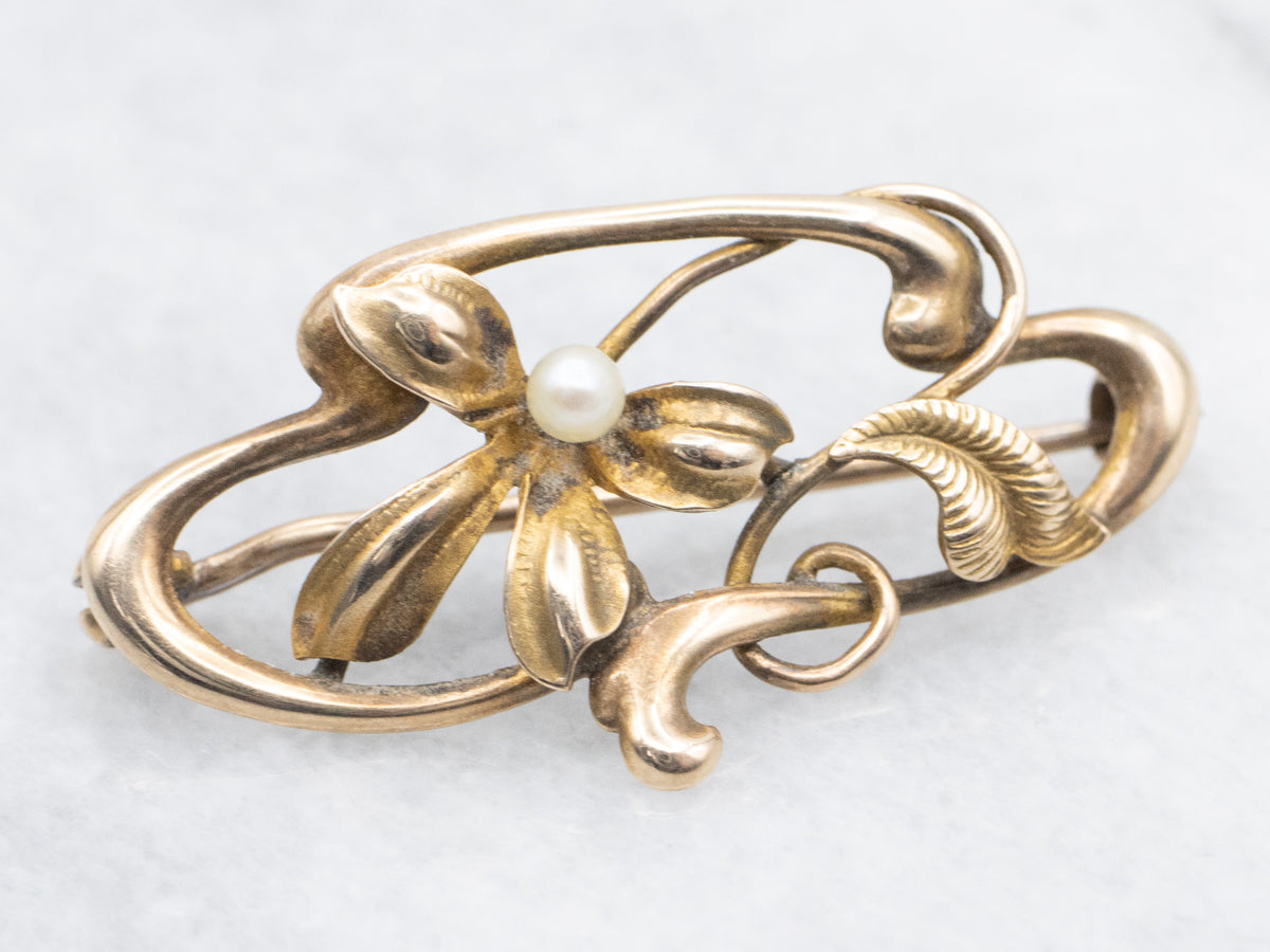 Art Nouveau Floral Brooch with Seed Pearl Accent