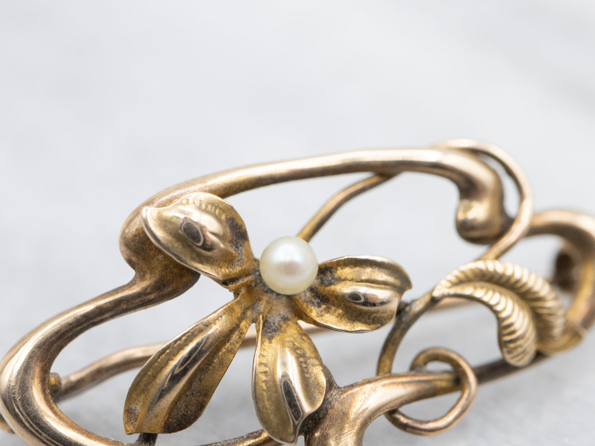 Art Nouveau Floral Brooch with Seed Pearl Accent