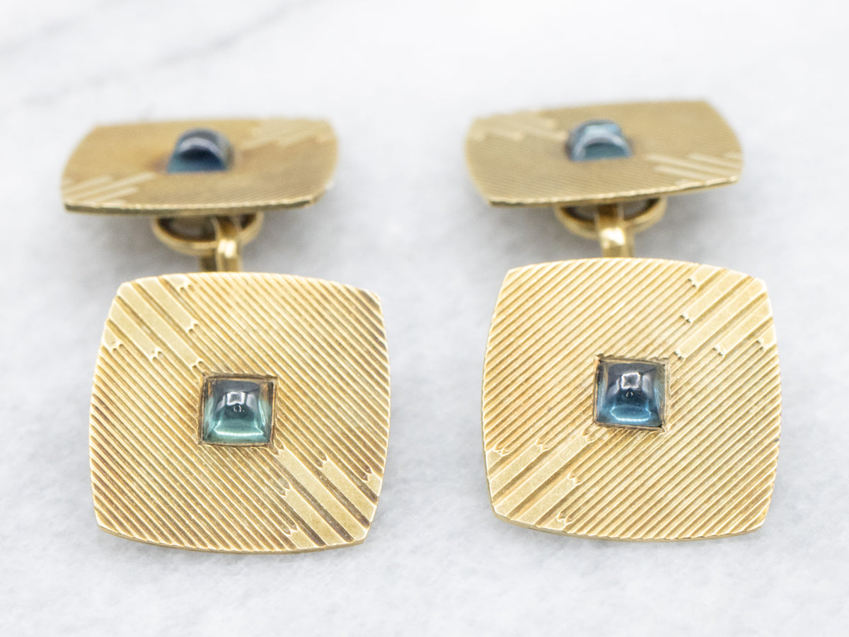 Mid Century Sapphire Cabochon and Gold Cufflinks