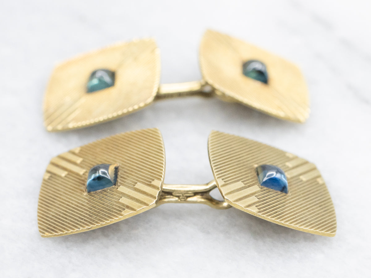 Mid Century Sapphire Cabochon and Gold Cufflinks