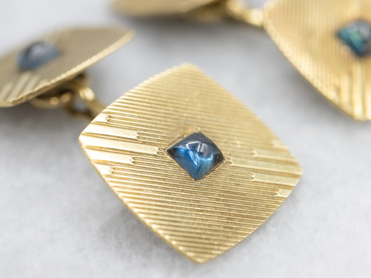 Mid Century Sapphire Cabochon and Gold Cufflinks