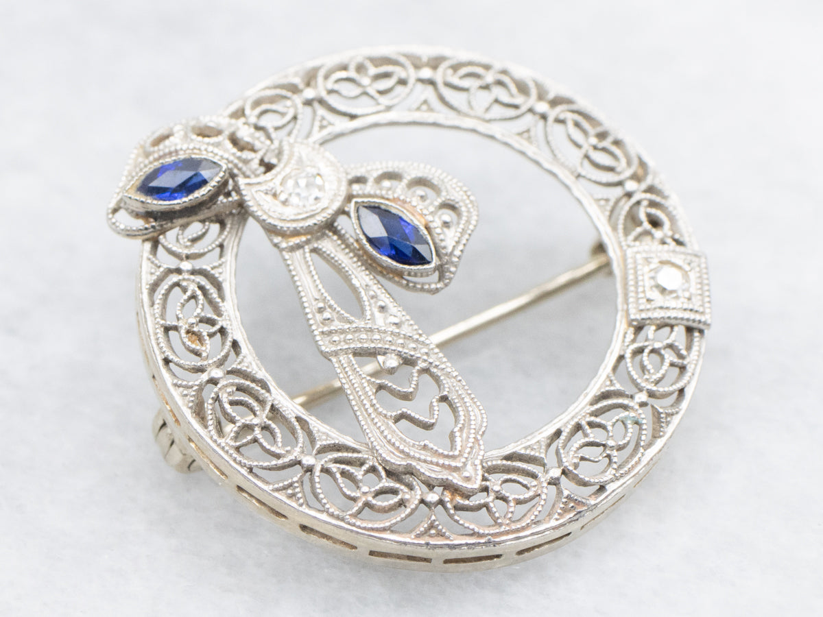 Antique Diamond Art Deco Filigree and Sapphire Circle Pin