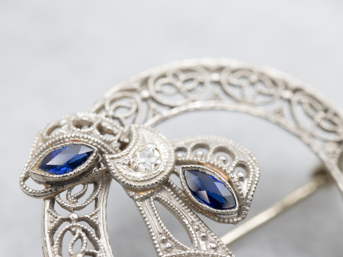Antique Diamond Art Deco Filigree and Sapphire Circle Pin