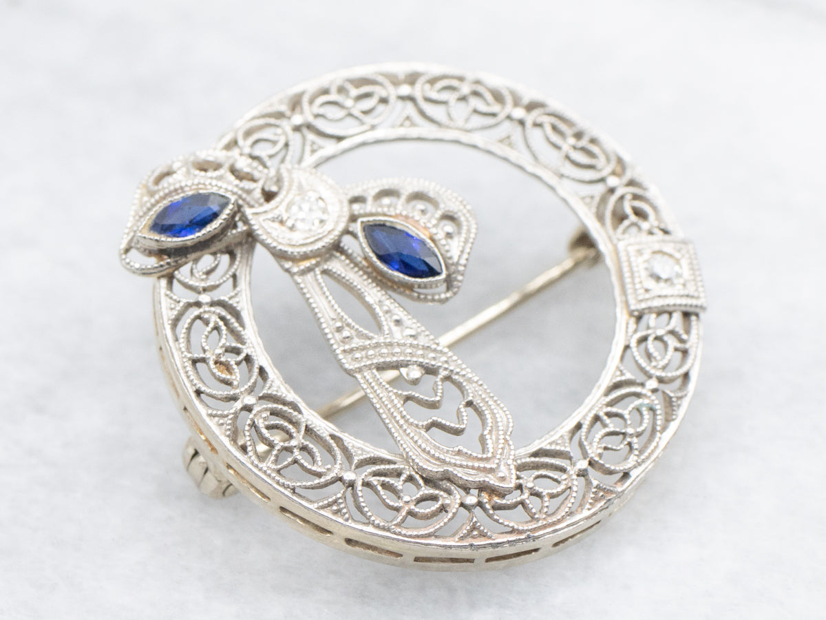 Antique Diamond Art Deco Filigree and Sapphire Circle Pin