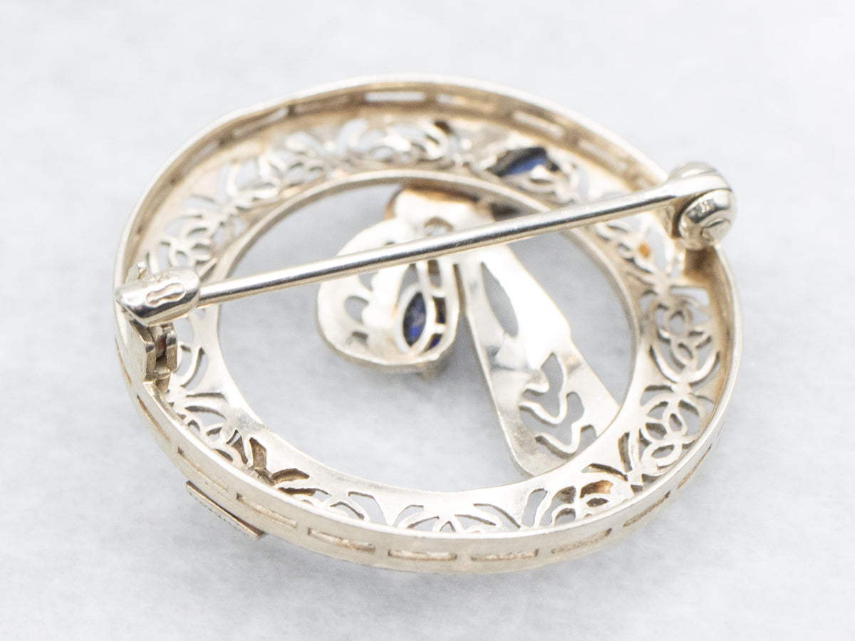 Antique Diamond Art Deco Filigree and Sapphire Circle Pin
