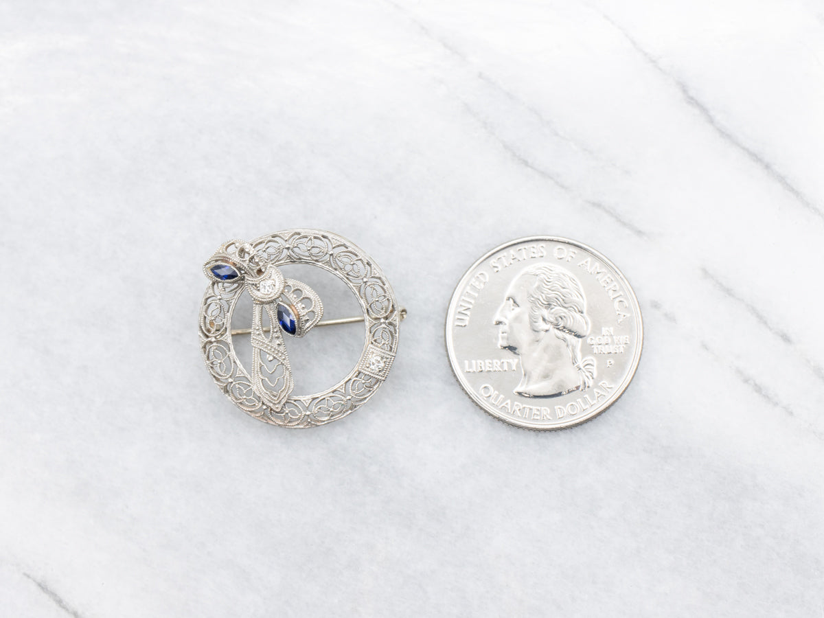 Antique Diamond Art Deco Filigree and Sapphire Circle Pin