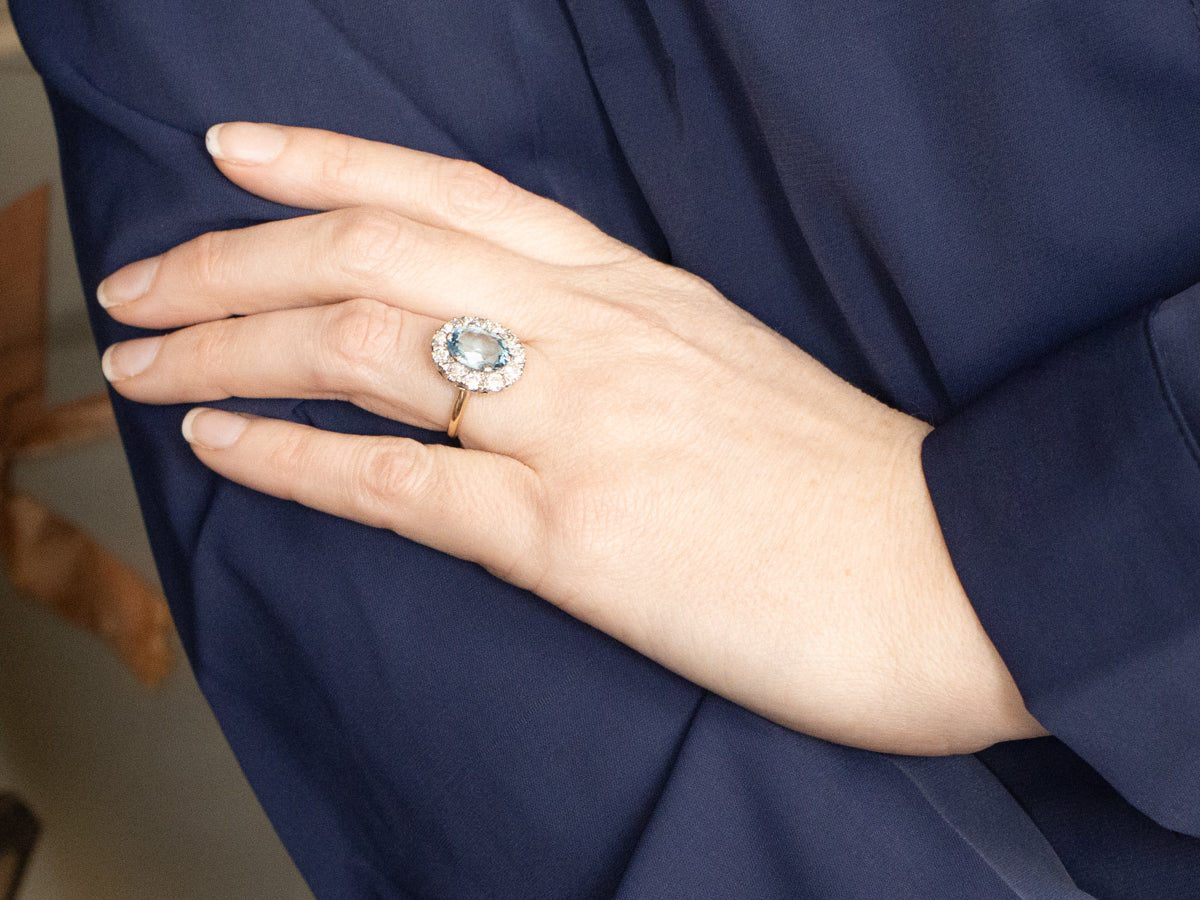 Modern Aquamarine and Diamond Halo Ring