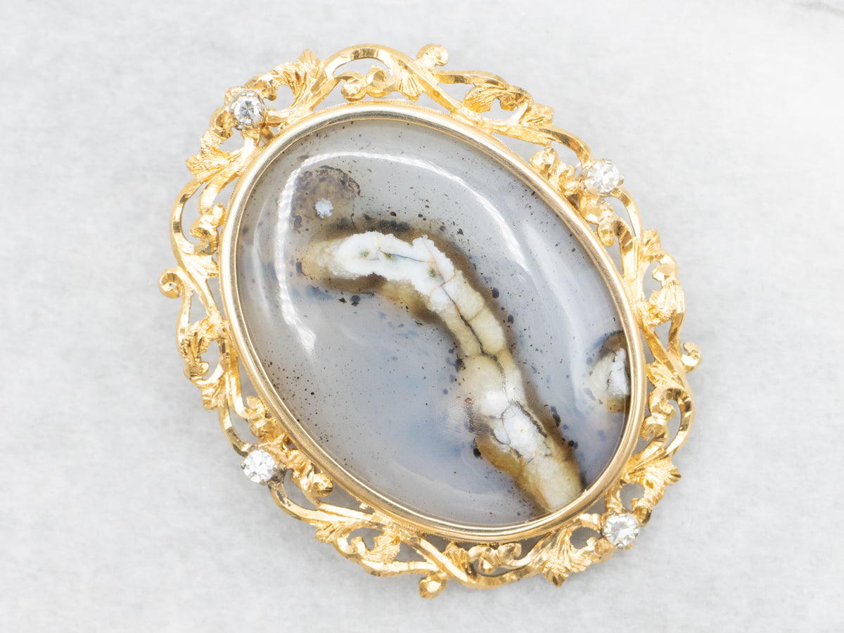 Dendritic Agate Brooch or Pendant in Vintage Gold and Diamond Frame