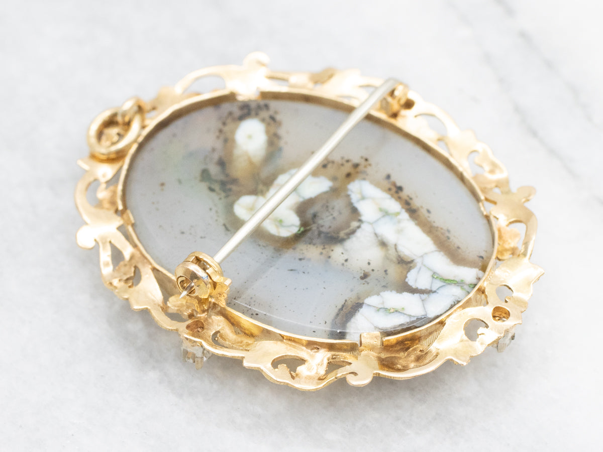 Dendritic Agate Brooch or Pendant in Vintage Gold and Diamond Frame