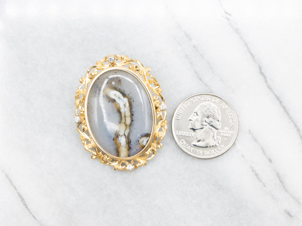 Dendritic Agate Brooch or Pendant in Vintage Gold and Diamond Frame