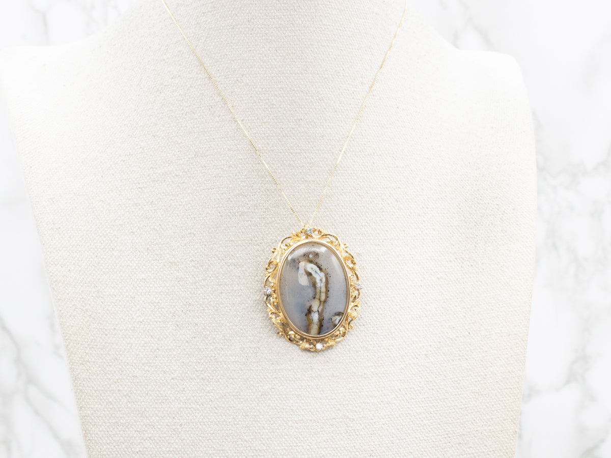 Dendritic Agate Brooch or Pendant in Vintage Gold and Diamond Frame