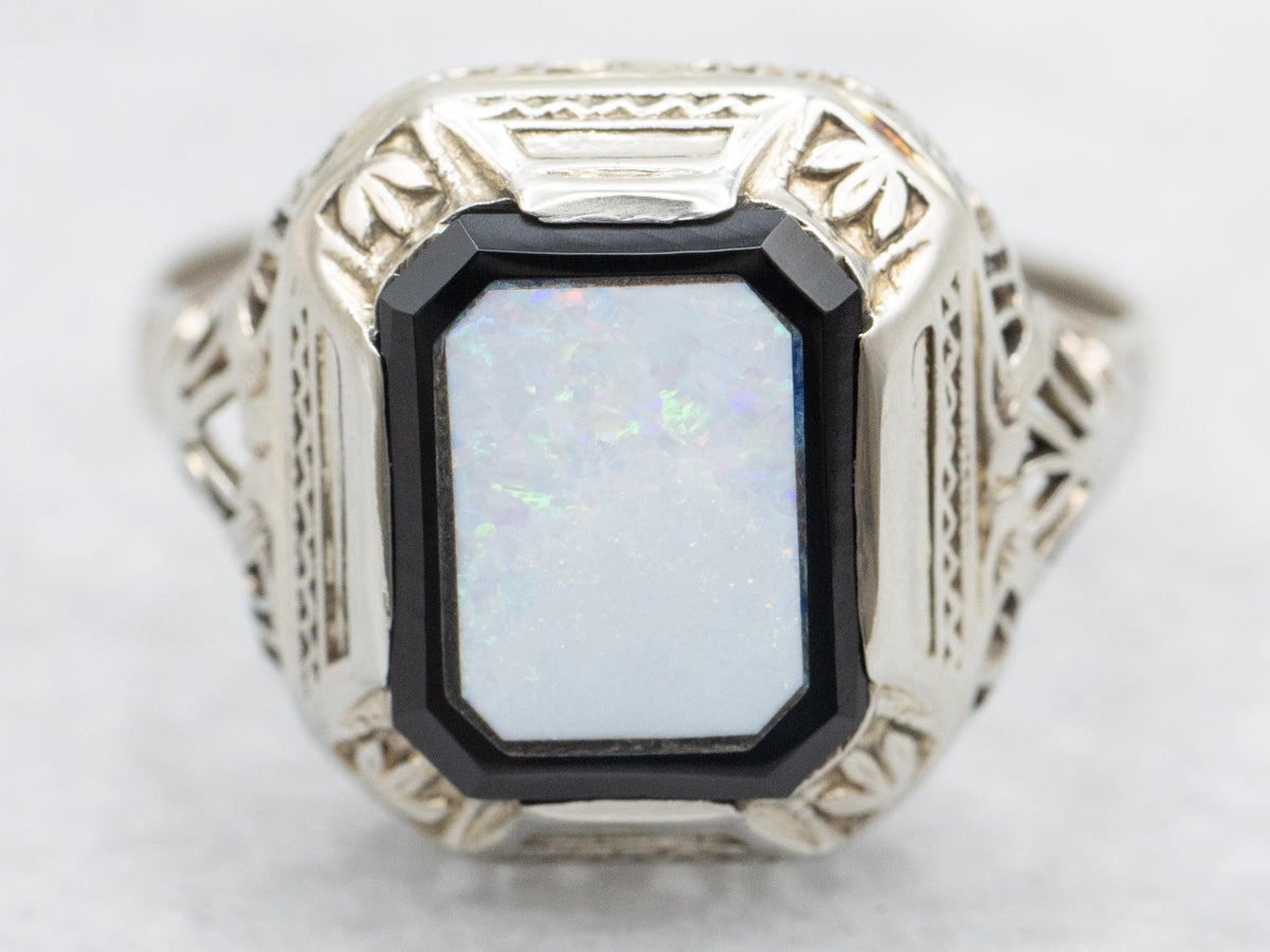 Art Deco Black Onyx and Opal Inlay Filigree Ring
