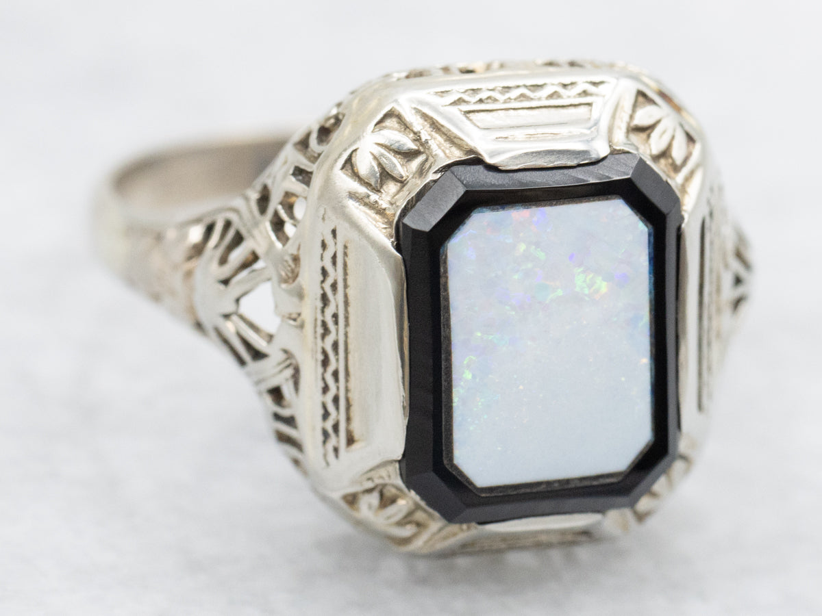 Art Deco Black Onyx and Opal Inlay Filigree Ring