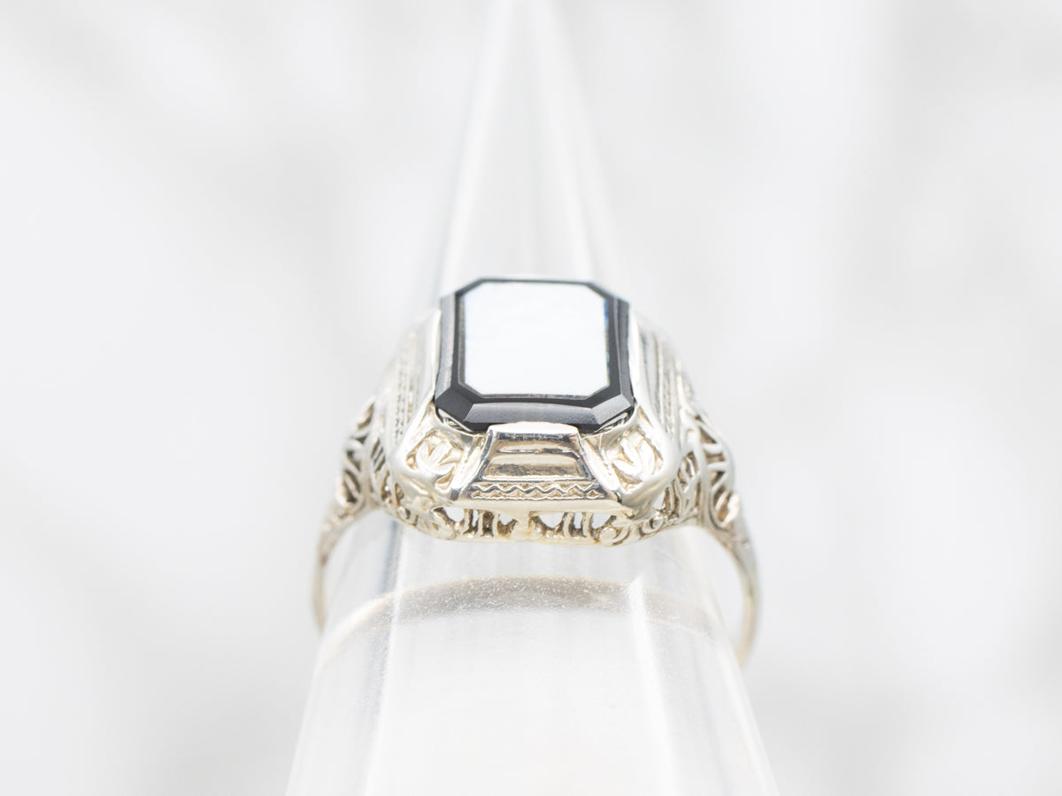 Art Deco Black Onyx and Opal Inlay Filigree Ring
