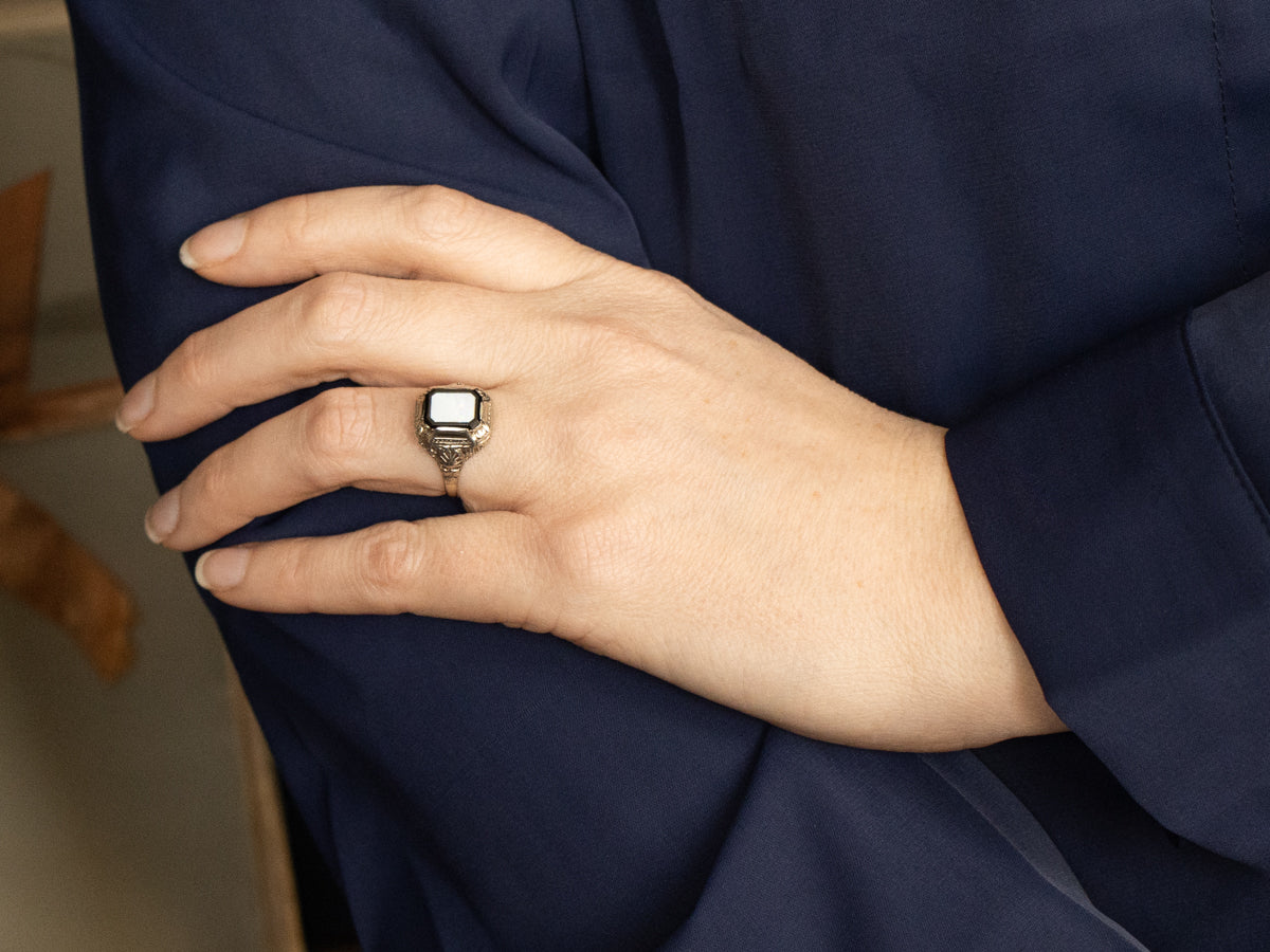 Art Deco Black Onyx and Opal Inlay Filigree Ring