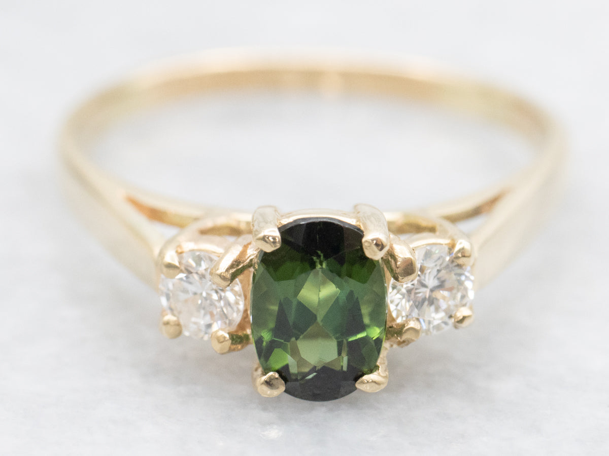 Green Tourmaline and Diamond Three Stone Ring