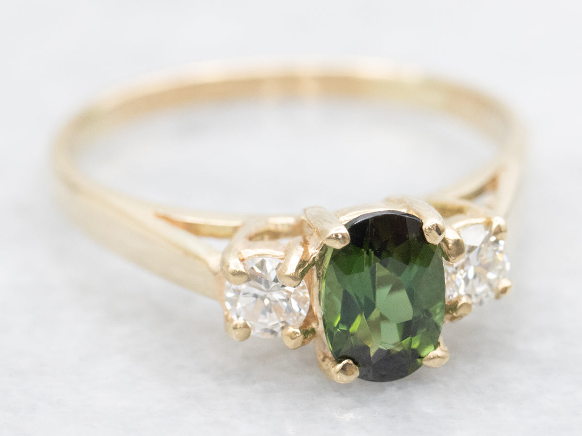 Green Tourmaline and Diamond Three Stone Ring