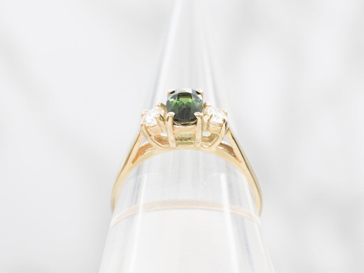 Green Tourmaline and Diamond Three Stone Ring
