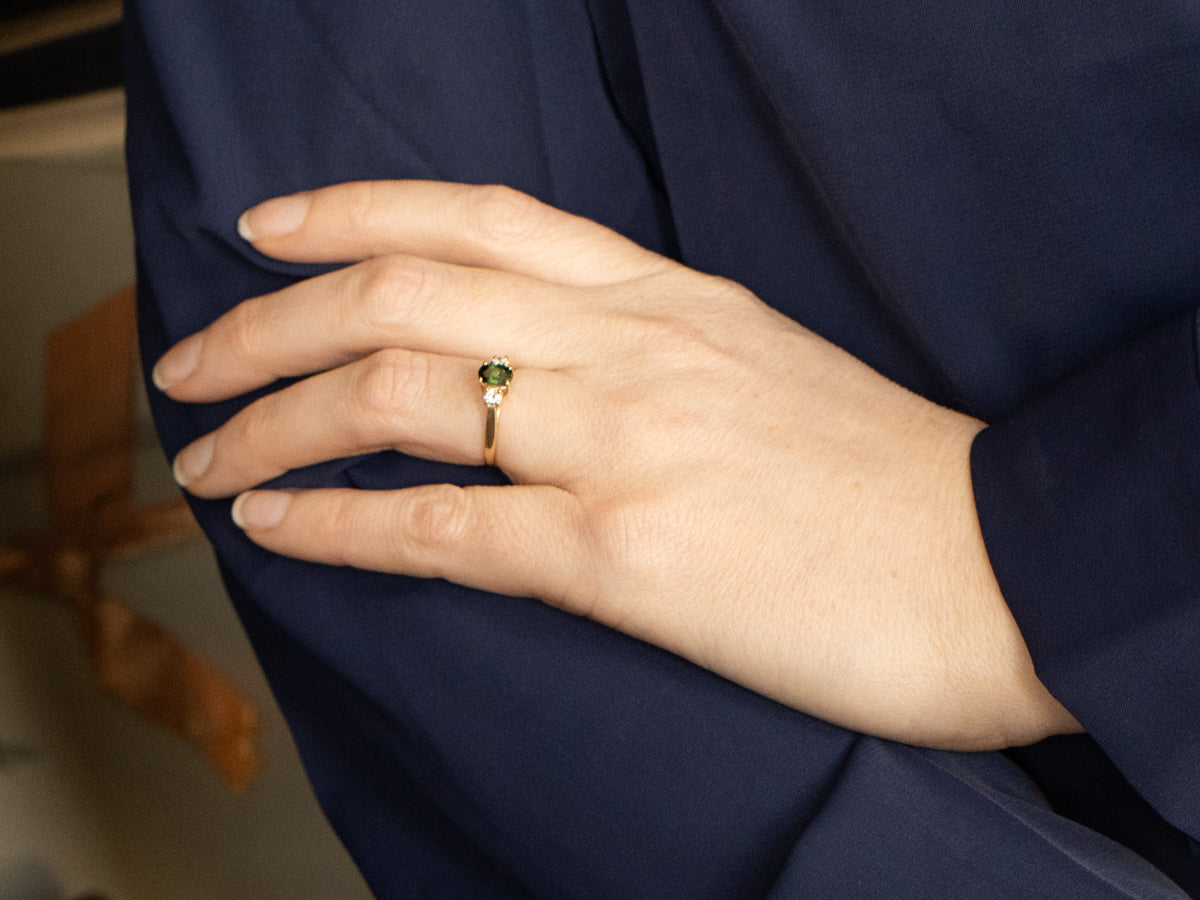 Green Tourmaline and Diamond Three Stone Ring