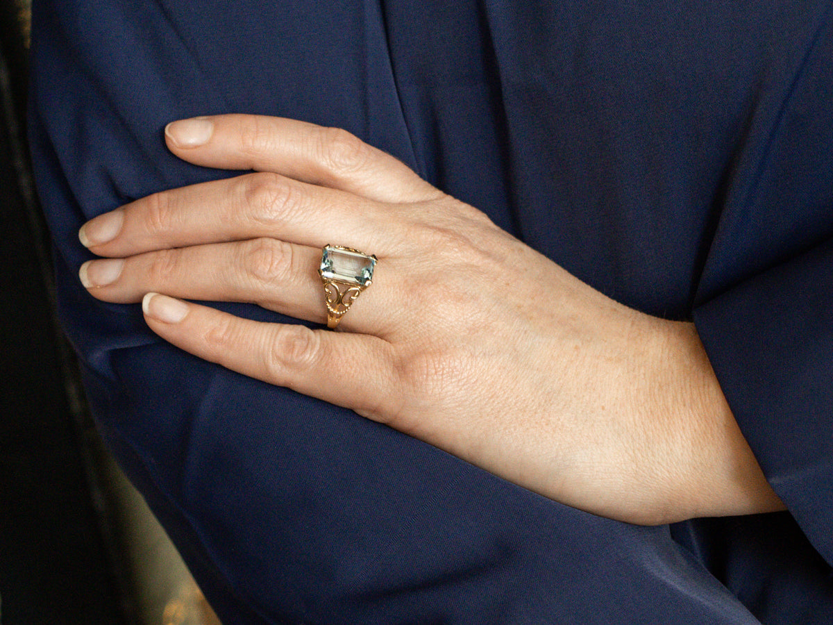 Aquamarine Solitaire Ring with Scrolling Openwork Shank