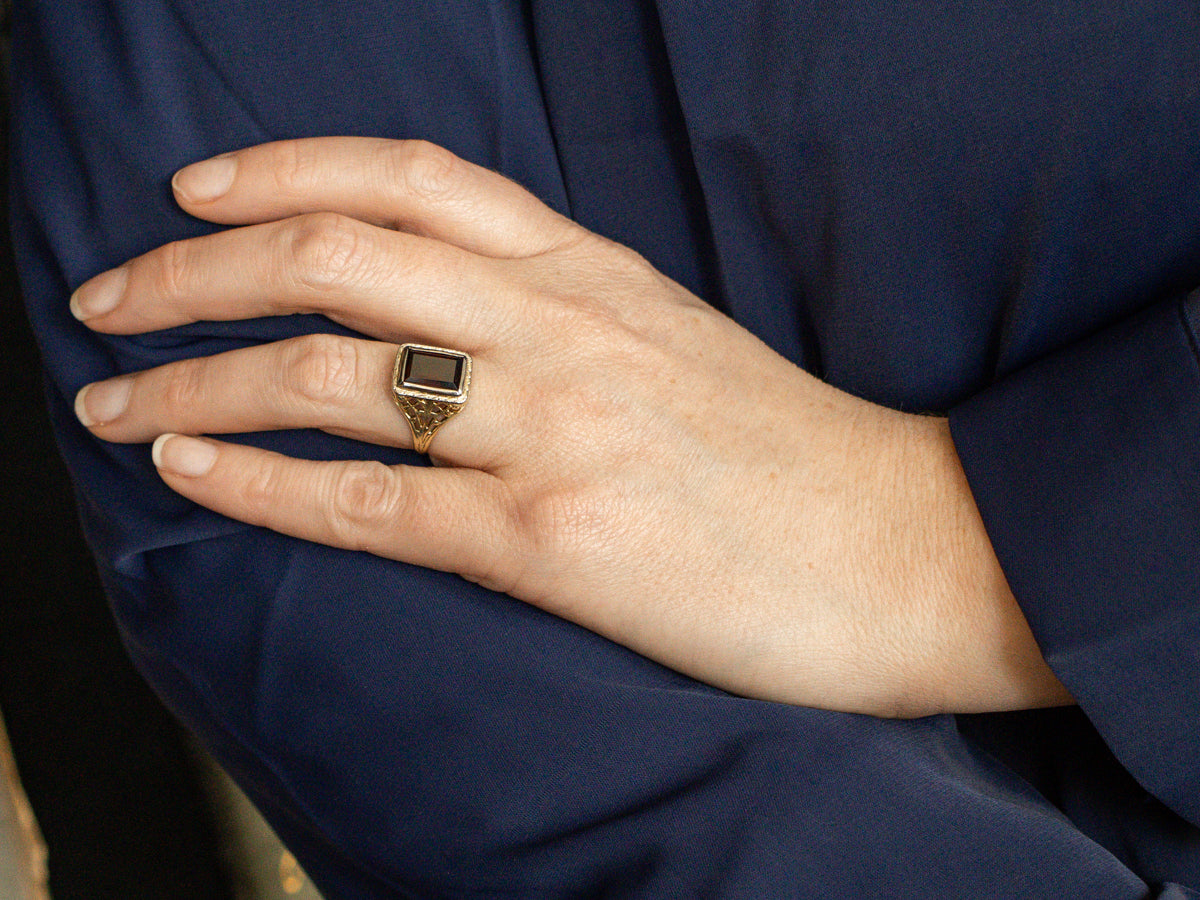Garnet Gold Filigree Art Deco Era Ring