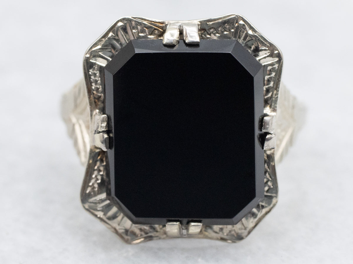 Art Deco Etched Gold Black Onyx Statement Ring