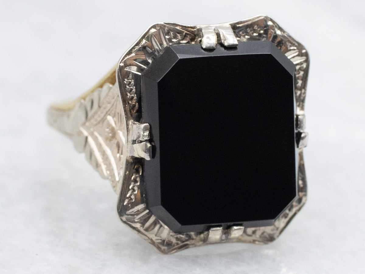 Art Deco Etched Gold Black Onyx Statement Ring