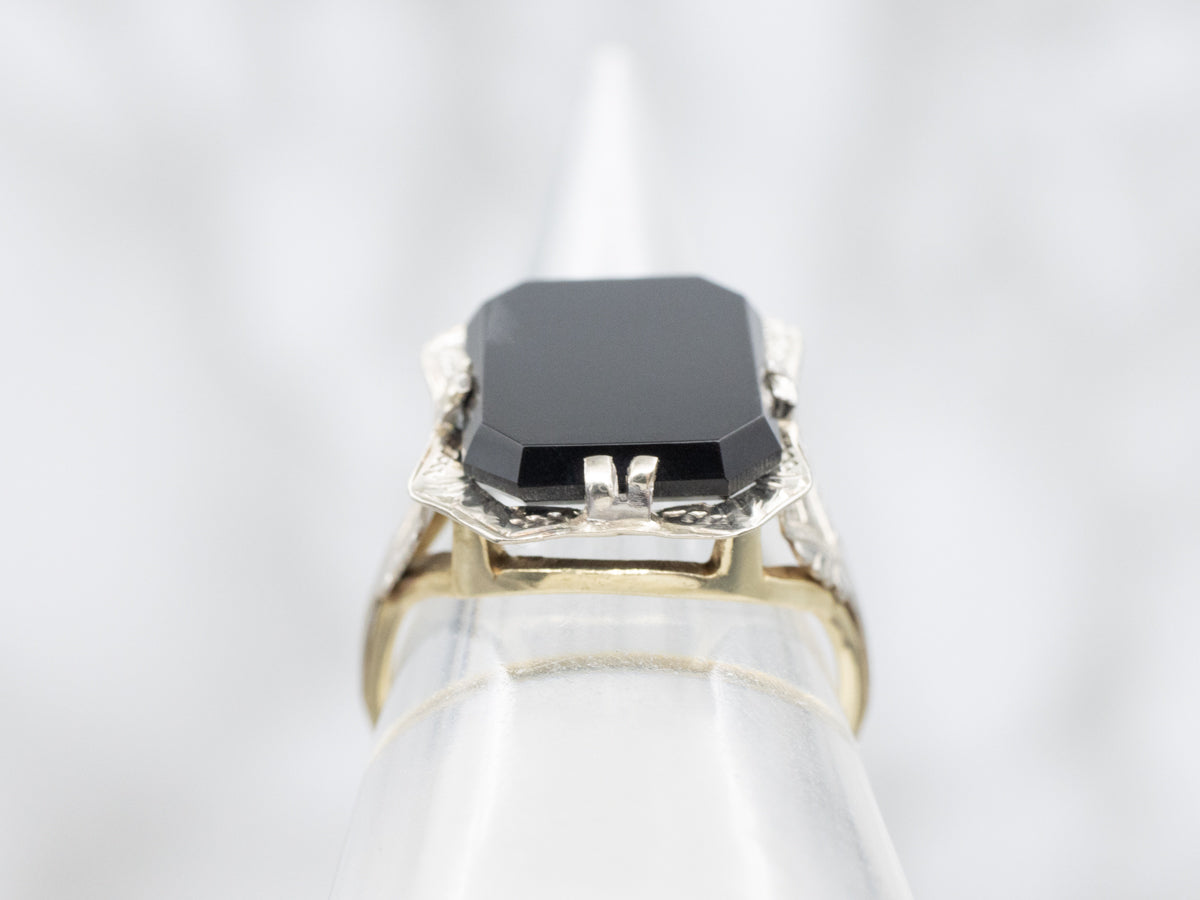 Art Deco Etched Gold Black Onyx Statement Ring