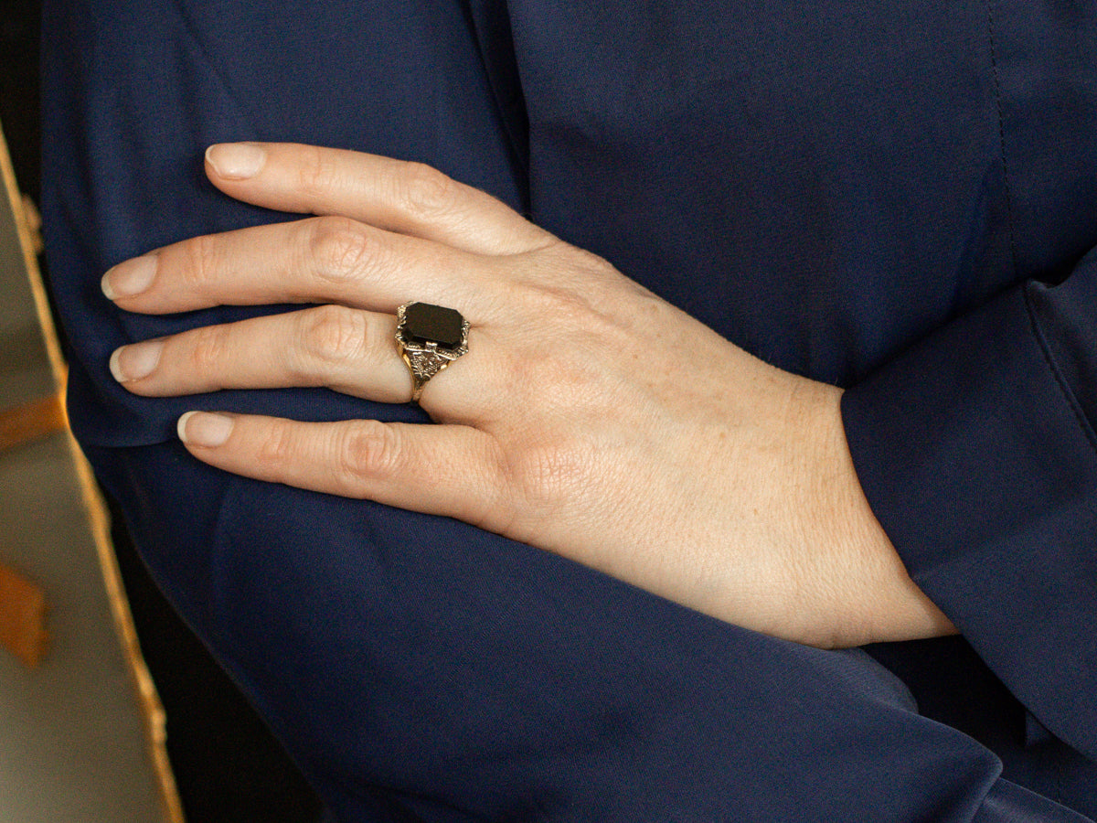 Art Deco Etched Gold Black Onyx Statement Ring