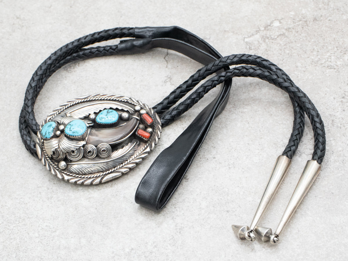 Southwest Style Faux Bear Claw Turquoise and Coral Bolo Tie