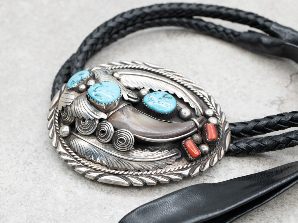 Southwest Style Faux Bear Claw Turquoise and Coral Bolo Tie