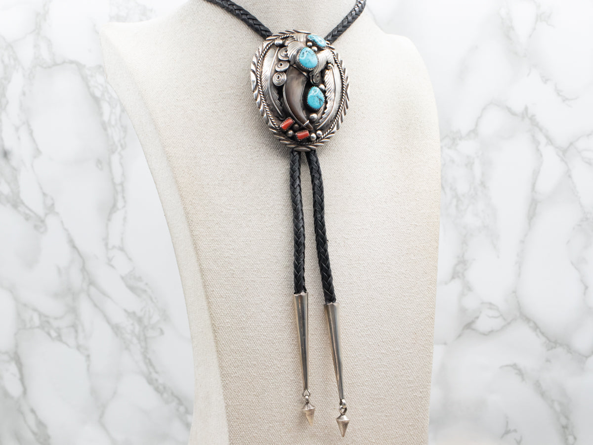 Southwest Style Faux Bear Claw Turquoise and Coral Bolo Tie