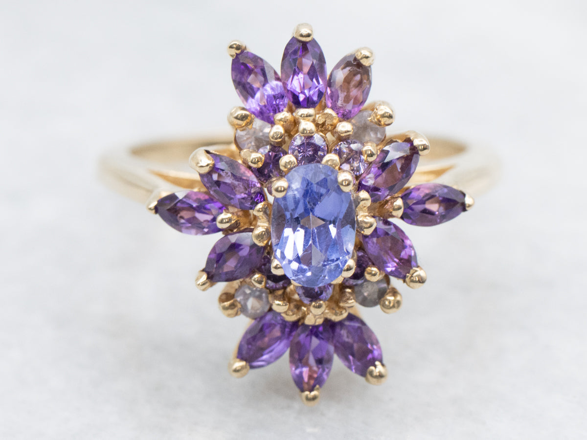 Tanzanite, Amethyst, and Moonstone Cluster Ring