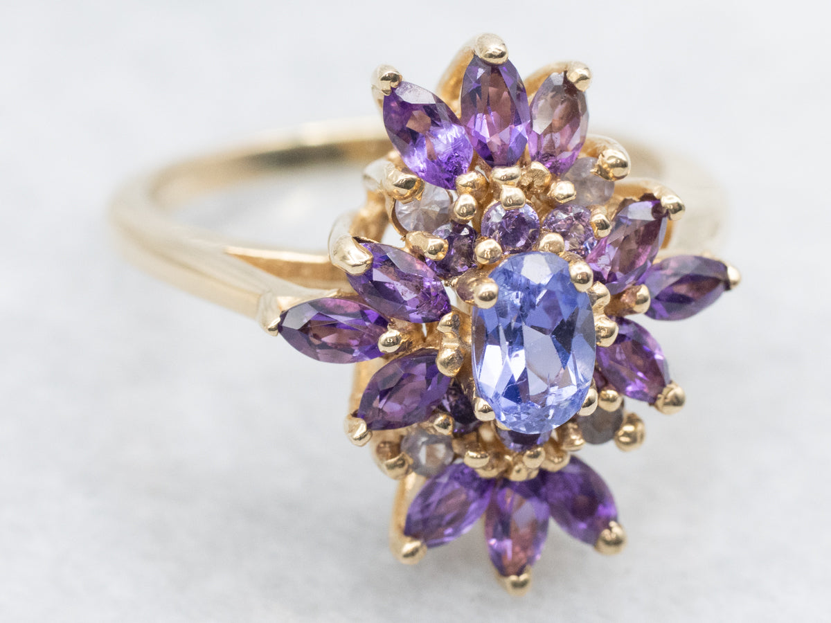 Tanzanite, Amethyst, and Moonstone Cluster Ring