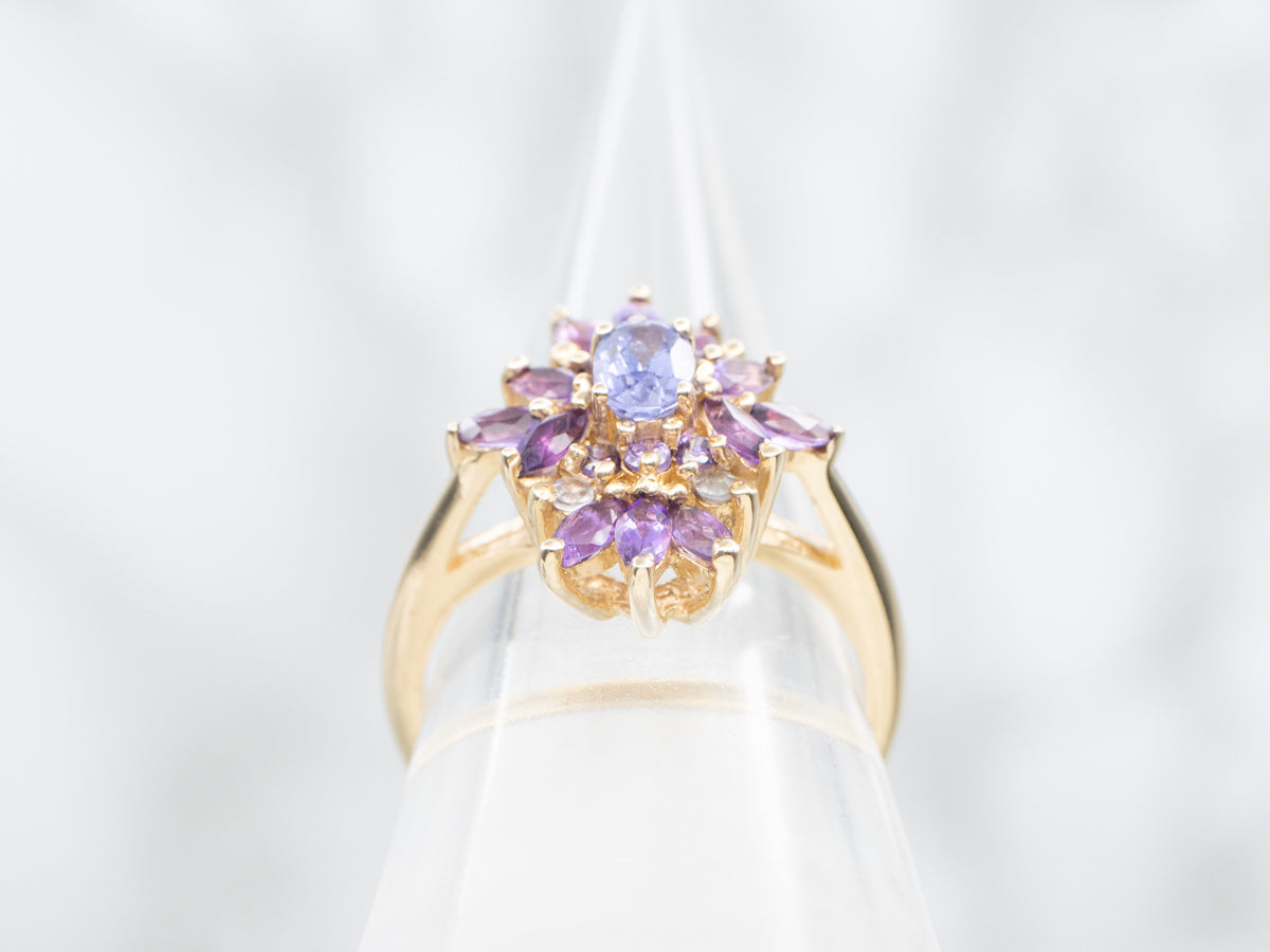 Tanzanite, Amethyst, and Moonstone Cluster Ring