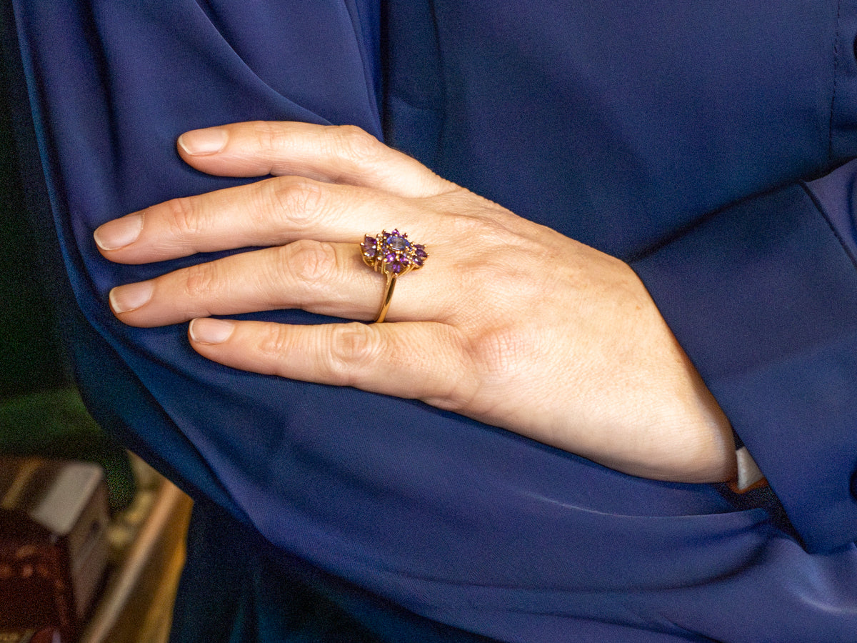 Tanzanite, Amethyst, and Moonstone Cluster Ring