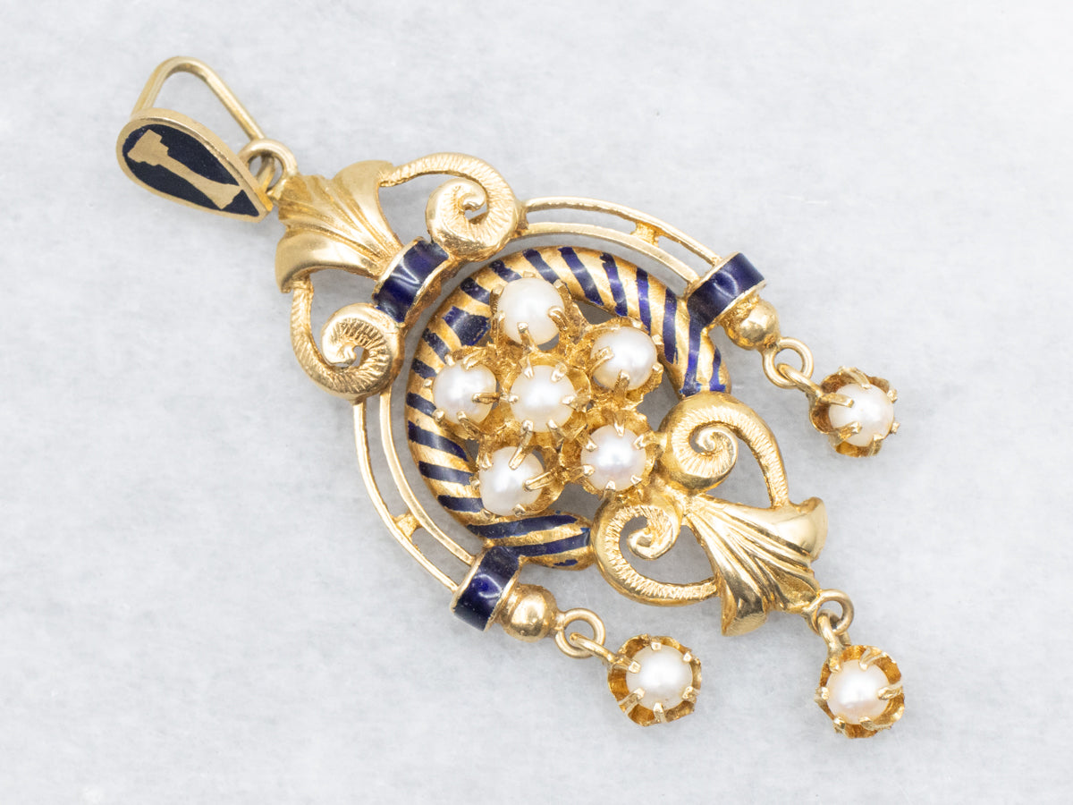 Victorian Revival Pearl and Blue Enamel Pendant