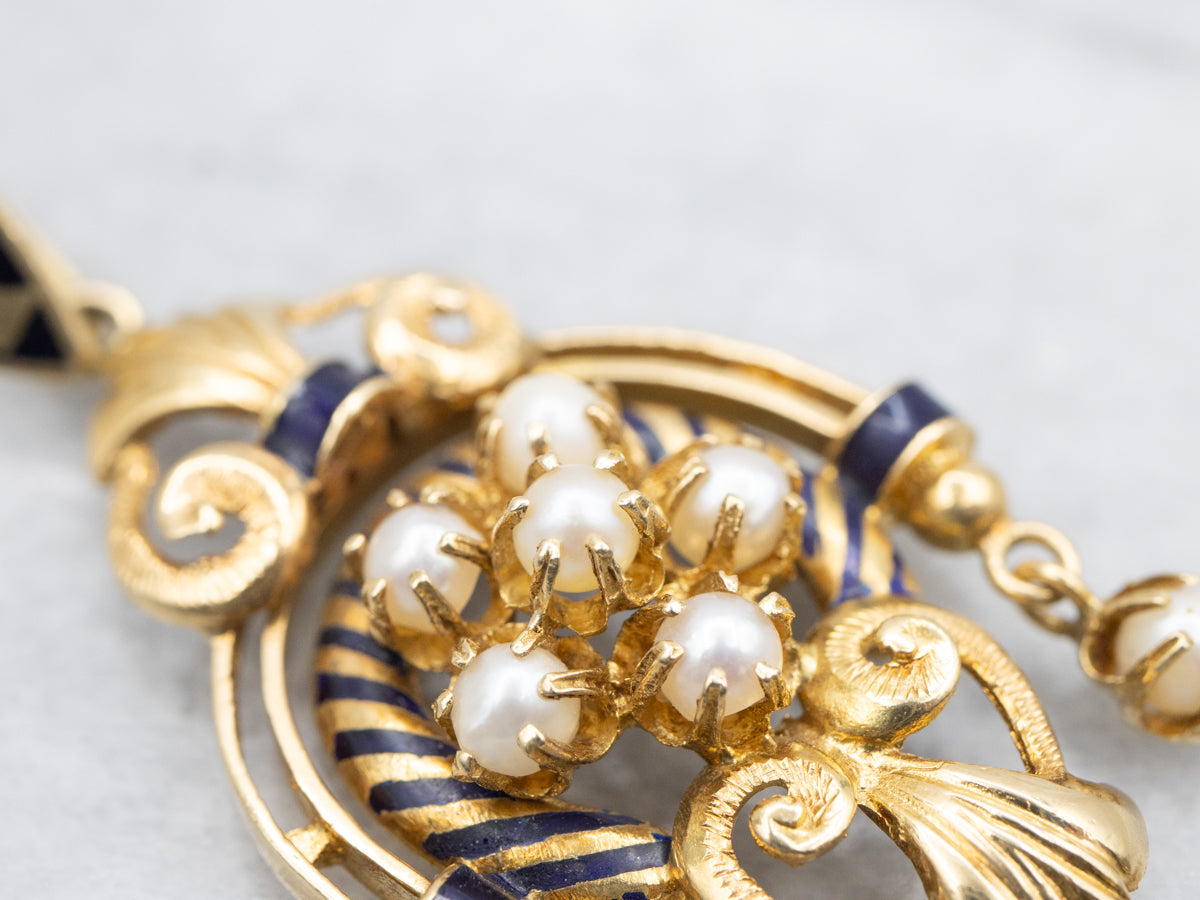 Victorian Revival Pearl and Blue Enamel Pendant