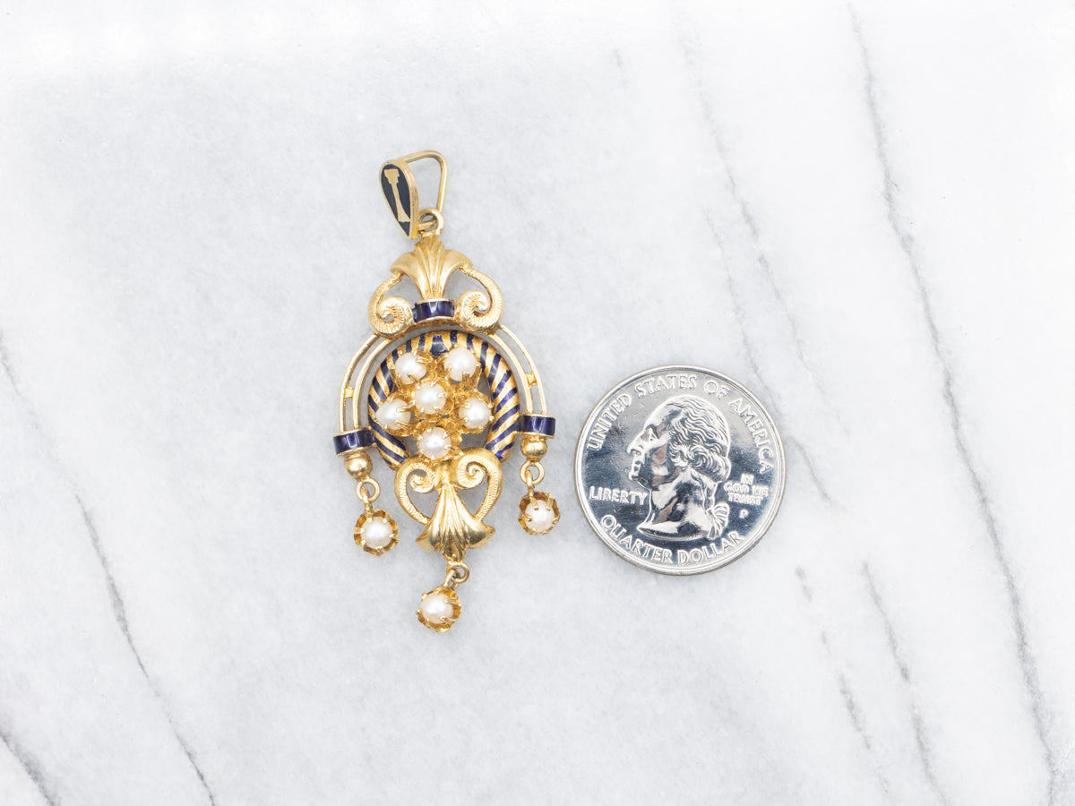 Victorian Revival Pearl and Blue Enamel Pendant