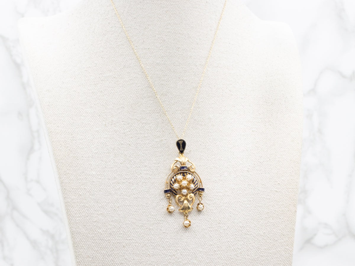 Victorian Revival Pearl and Blue Enamel Pendant