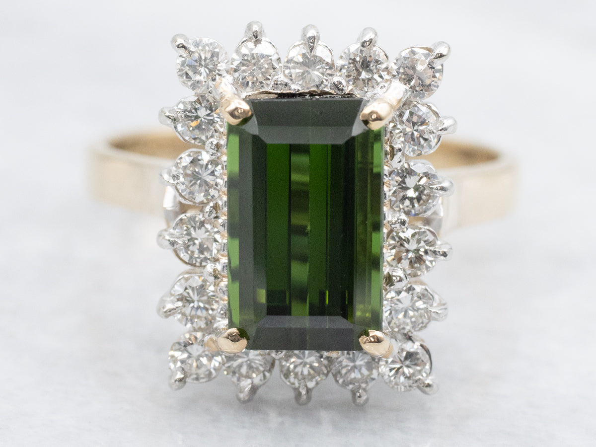 Modern Green Tourmaline and Diamond Halo Ring
