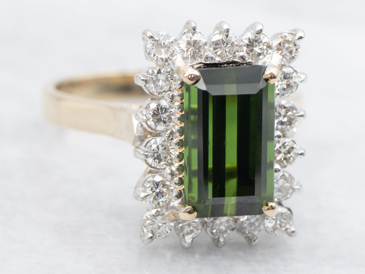Modern Green Tourmaline and Diamond Halo Ring