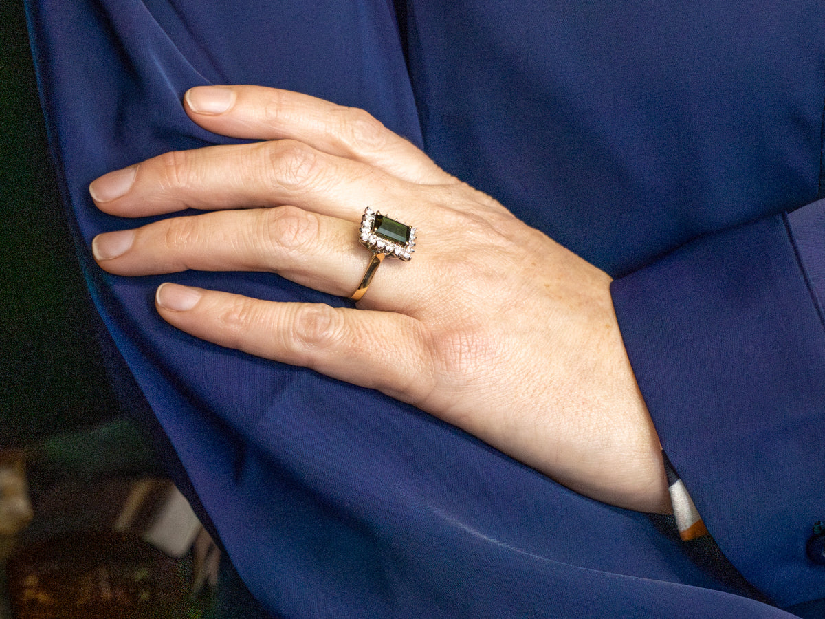 Modern Green Tourmaline and Diamond Halo Ring