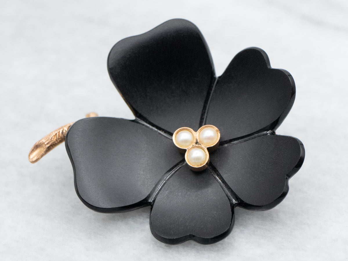 Black Onyx Flower Brooch with Pearl Accents