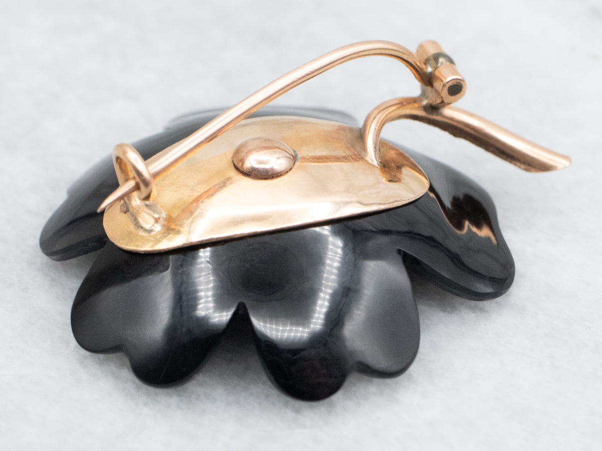 Black Onyx Flower Brooch with Pearl Accents